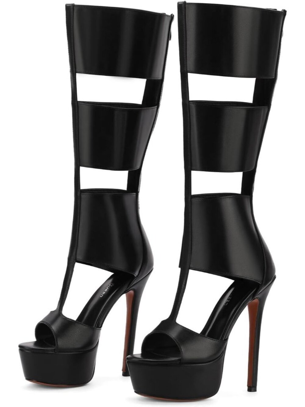 Women's Black Knee High Heels Gladiator Open Toe Summer Boots Black Heels Sandal